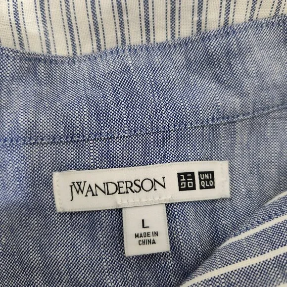 JW Anderson Uniqlo Sz L Linen Blend Boho Blue White Striped Tie Neck Top Blouse - Picture 6 of 7